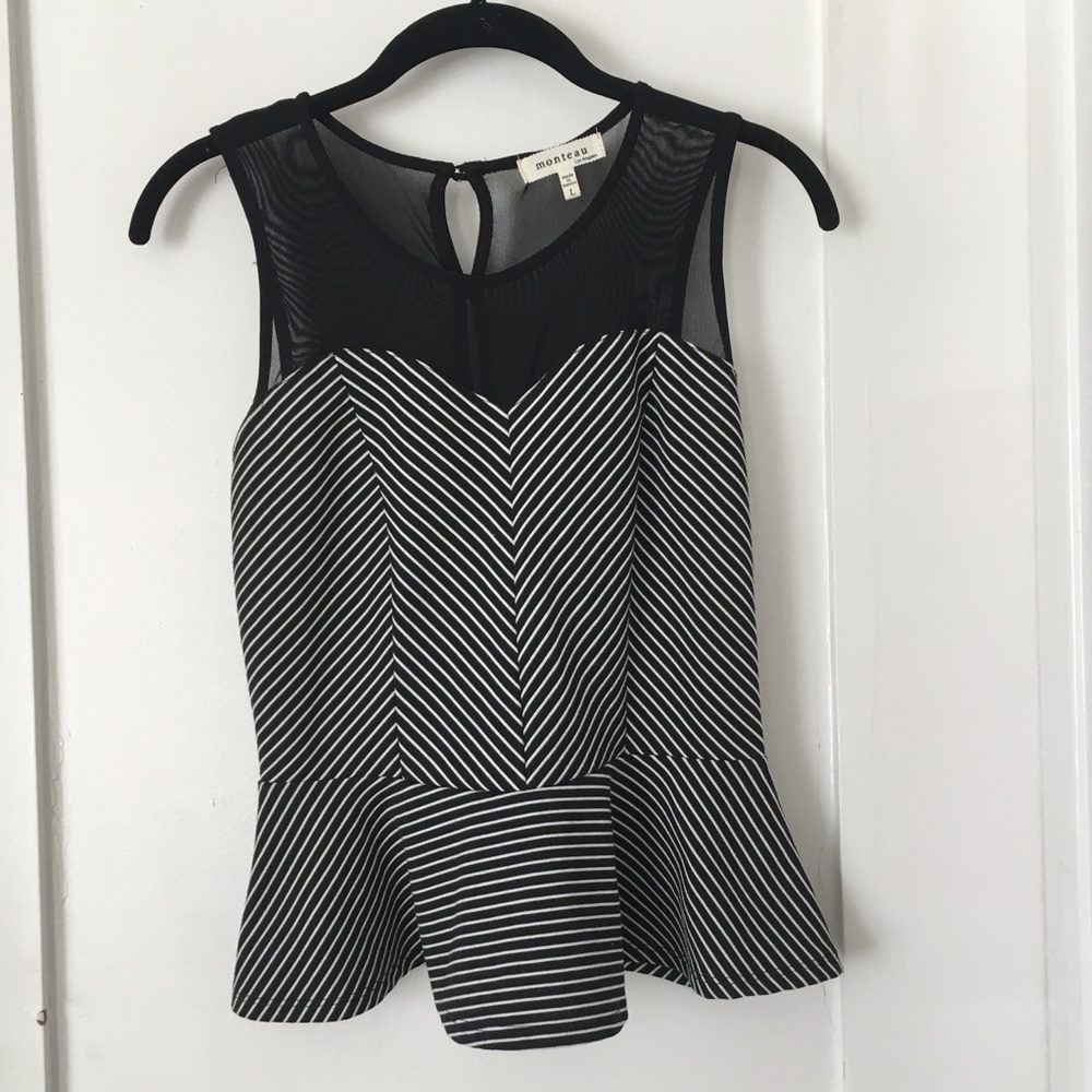 Monteau Peplum Striped Top with Sheer Back